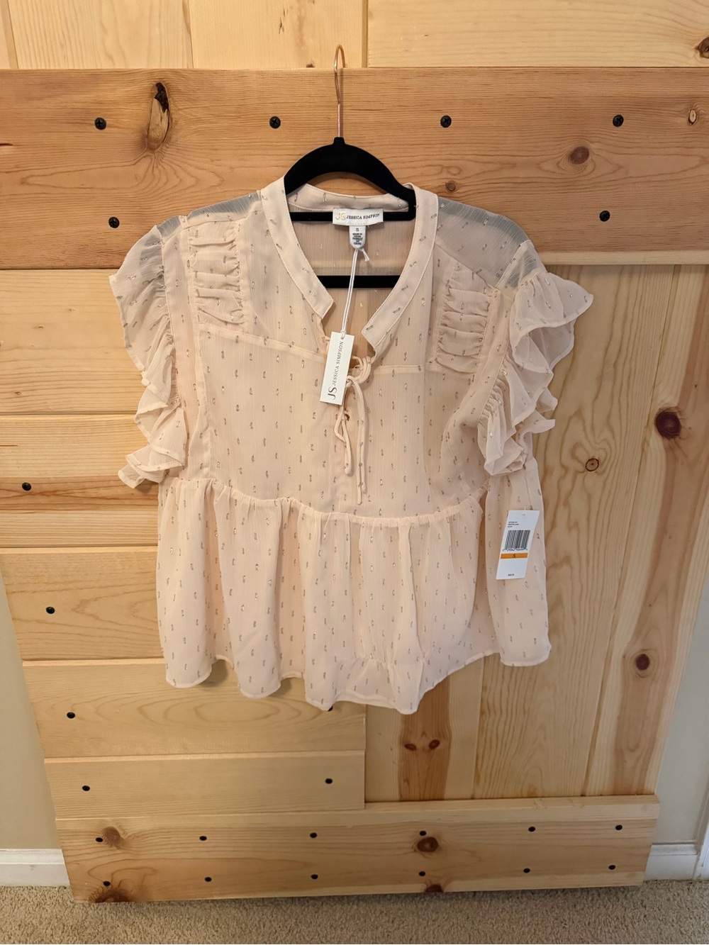 Jessica Simpson Cream Ruffle Sleeve Peplum Tie-Neck Blouse